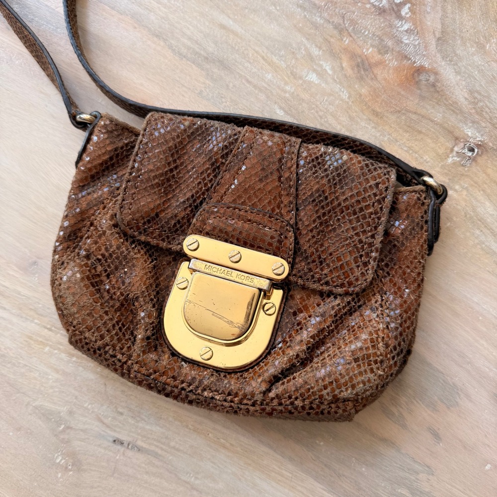 Michael Kors Crossbody Bag Womens Small Brown Snakeskin Embossed Gold Hardware